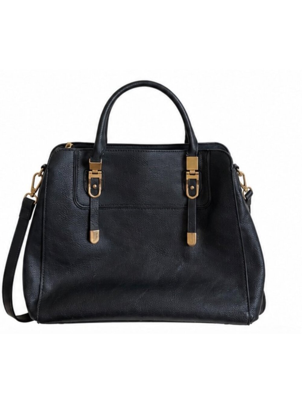 Black Faux Leather Satchel Gold Hardware Adjustable Shoulder Strap Compartments